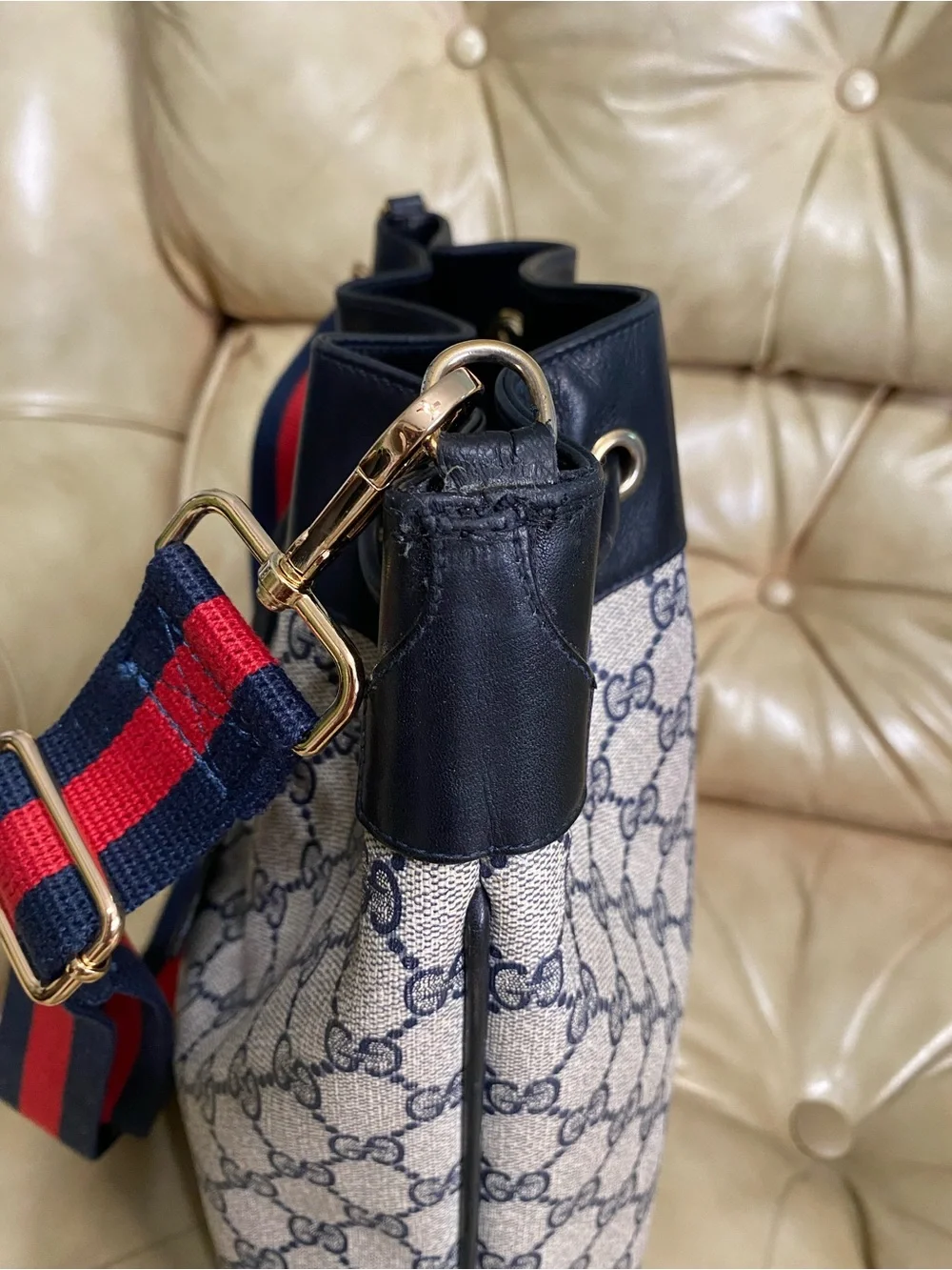 LARGE Gucci Drawstring Bucket Bag Vintage Sherry GG Monogram Web Stripe Added